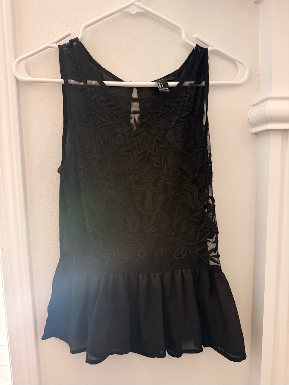 Black Embroidered Sheer Peplum Tank